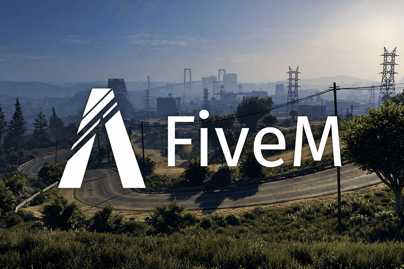 Arte de FiveM sobre uma cidade e estradas ao entardecer